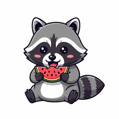 Naklejka premium Cute cartoon raccoon eating juicy watermelon slice on white.