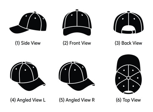 Baseball cap views vector set. Side, front, back, angled left, angled right, top views of hat illustration
