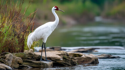 Obraz premium White whooping crane standing on rocks by serene river water