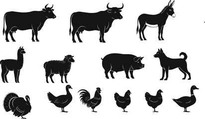 Silhouettes of domesticated farm animals including cows, sheep, pigs, poultry, and alpaca for agriculture and education © Sohel