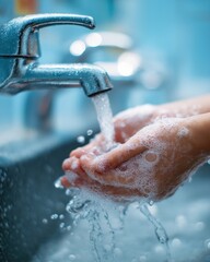 Fototapeta premium Hands are being washed under running water from a faucet, creating soap bubbles and droplets.