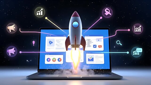 Rocket Launching From Laptop Symbolizing Business Growth and Success.