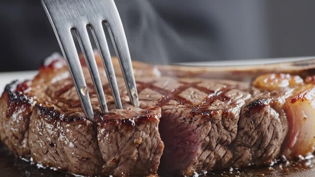 Close-Up of a Fork Piercing a Juicy, Steaming Grilled Steak