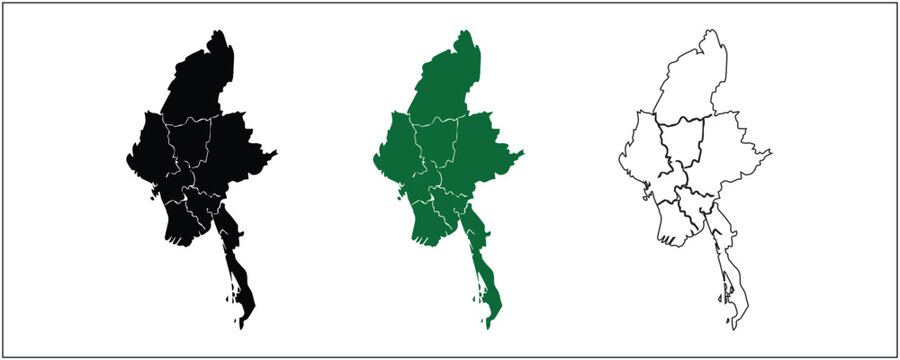Burma Map Silhouette Solid Black Outline and Satellite Style Vector Isolated on White Background