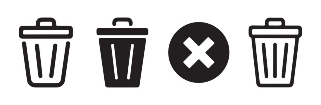 Set of black linear trash bin icons including outline and solid fill trashcan symbols with remove cross mark.