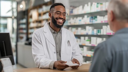 Fototapeta premium A smiling pharmacist assists a customer in a modern pharmacy, holding a prescription with shelves of medication in the background.