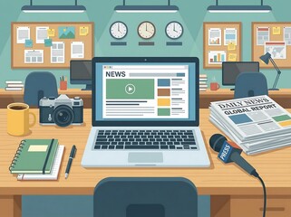 Fototapeta premium Digital and traditional media blend on a journalist's desk, featuring a laptop with online news, a press microphone, and a newspaper for global reporting