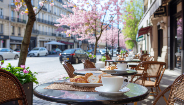 Colazione all'aperto in un caffetteria all'aperto con croissant e alberi di ciliegio in fiore sullo sfondo. Generative AI 