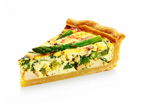 Chicken, cheese and asparagus quiche slice, white studio background. AI