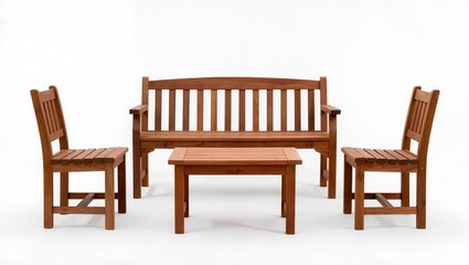 Fototapeta premium Wooden outdoor furniture set with table bench and chairs isolated on white background