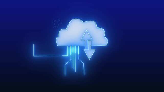 Neon depiction of cloud computing and data transfer with glowing arrows. Cloud computing icon with glowing arrows showcases futuristic data transfer. Glowing arrows highlight neon cloud computing.