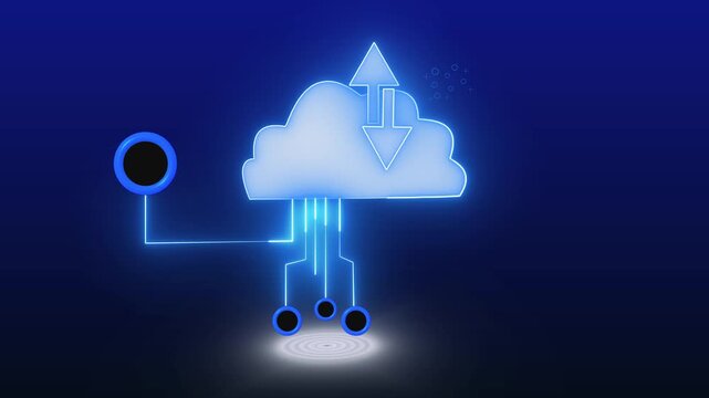 Neon cloud symbolizes data transfer and connectivity with futuristic design. Cloud icon with futuristic design highlights data transfer. Futuristic design enhances neon cloud connectivity.