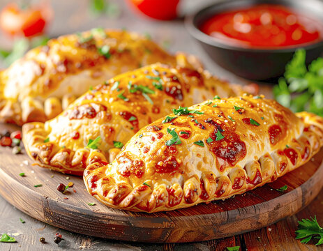 Golden-brown calzones, fresh herbs, rustic background. AI