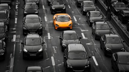 Fototapeta premium Bright orange sports car stands out among a sea of black vehicles in heavy traffic on a busy urban road during daylight hours