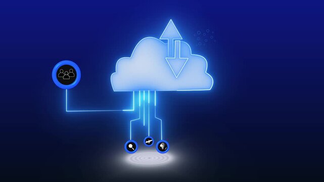 Modern cloud computing connection with glowing data transfer symbols. Cloud computing icon features glowing symbols for data transfer. Glowing symbols enhance modern cloud computing.