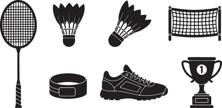 Black Solid Badminton Items Silhouettes Set of Six on White Background