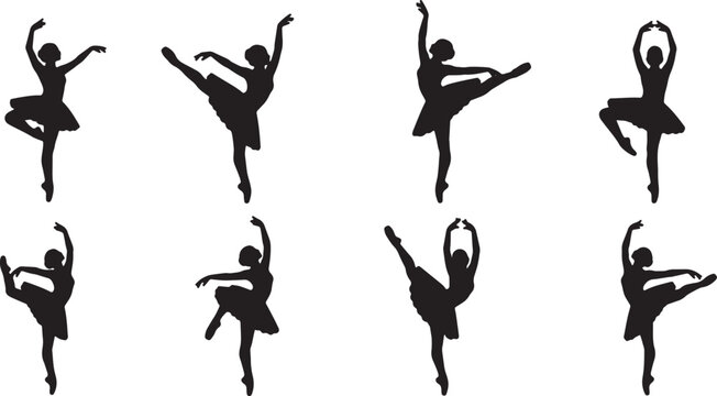 Black Solid Ballet Arabesque Silhouettes Set of Six on White Background