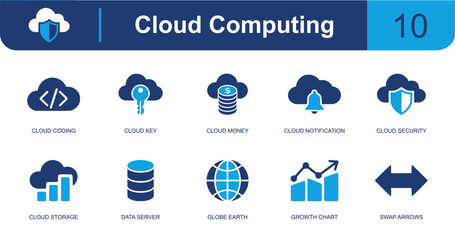 Cloud computing icon set. Containing cloud coding, cloud key, cloud money, cloud notification, cloud security, cloud storage, server, globe, growth chart and more. Solid fill vector icons.