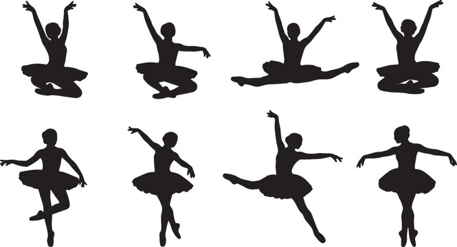 Black Solid Ballet echappe Soubresaut Silhouettes Set of Six on White Background