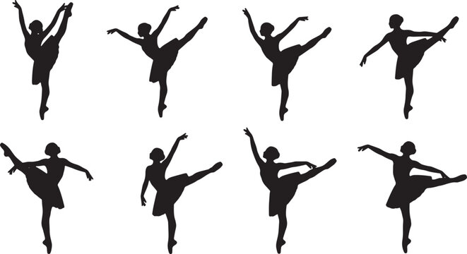 Black Solid Ballet Frappe Developpe Silhouettes Set of Six on White Background