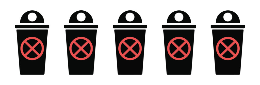 Five black trash cans with red prohibition signs inside isolated on white background for no dumping or waste disposal concept.