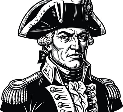 Historical military figure silhouette, decorated uniform coat, bicorne hat icon, vector illustration, 18th century soldier design, heritage portrait graphic art