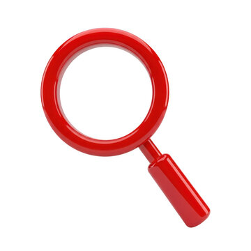 Red magnifying glass icon with a circular frame and handle isolated on transparent background 'png