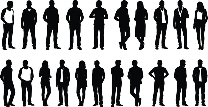 Standing silhouette collection, male female figures, professional attire poses, arms crossed gesture, hands in pockets icon, vector illustration, body language art