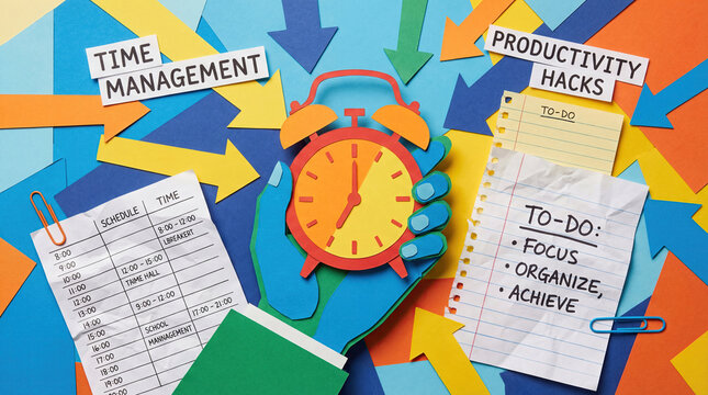 Hand holding alarm clock collage time management concept. Creative time management concept with productivity tools displayed.