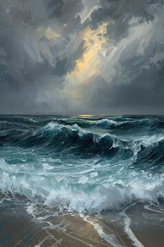 Dynamic, expressive oil painting of powerful ocean waves beneath a dramatic sky