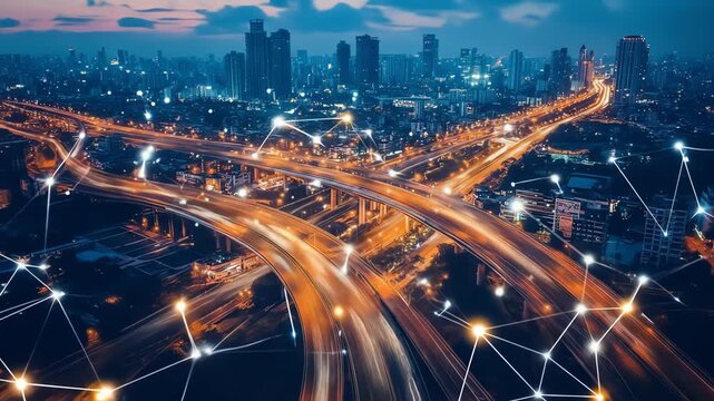 Cityscape at night with illuminated highway and abstract network