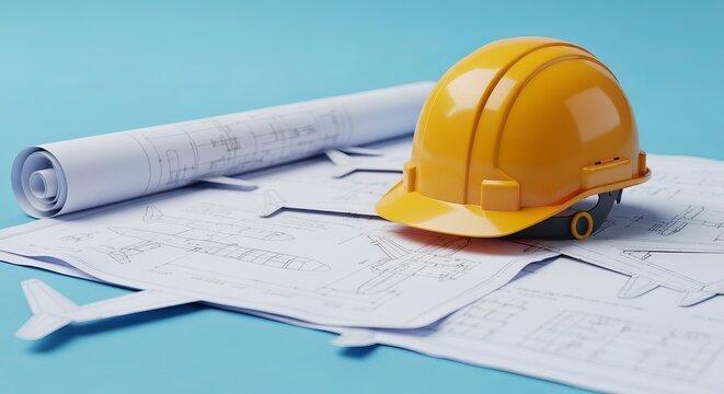 Construction Blueprints and Safety Helmet Representing Project Development and Engineering Design