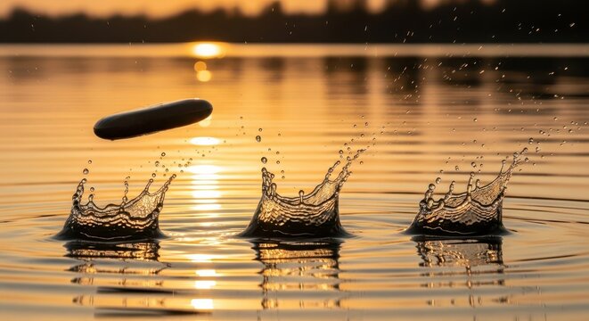 Flat object skips across water surface creating multiple dramatic splashes at sunset