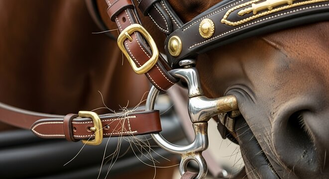 Close-up of a horses bridle, showcasing intricate details and craftsmanship.