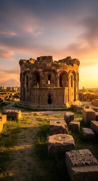 Zvartnots Cathedral Ruins at Sunset, Armenia - Ancient Architecture and History.