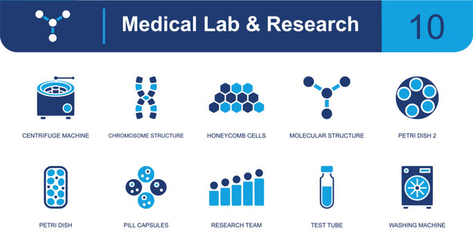 Medical lab and research icon set. Containing centrifuge, chromosome, honeycomb cells, molecule, petri dish, capsule, research team, test tube, lab machine and more. Solid fill vector icons.