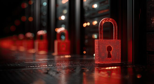 Red Padlock Securing Server Rack Row in Data Center Digital Security Concept Cinematic Lighting