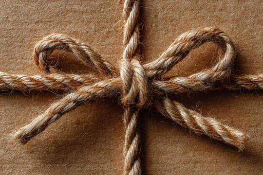 Gift box tied with rope on brown surface ready for giving during special occasion