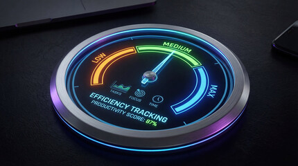 Naklejka premium Productivity meter gauge indicator low medium max concept. Futuristic efficiency tracking gauge with colorful indicators.