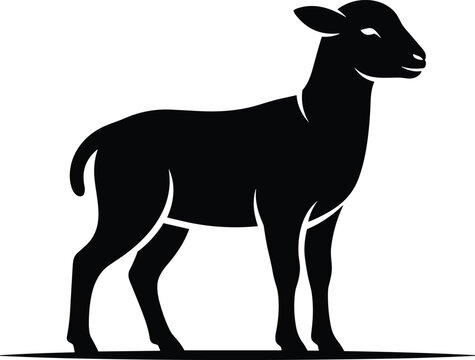 Black silhouette sheep standing profile on flat surface, simple farm animal vector icon for logo, design, education