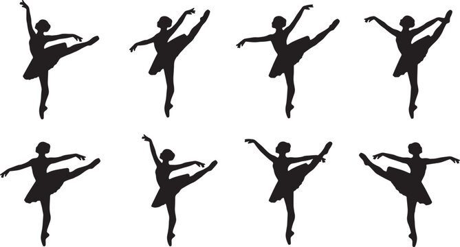 Black Solid Ballet Tendu Degage Silhouettes Set of Six on White Background