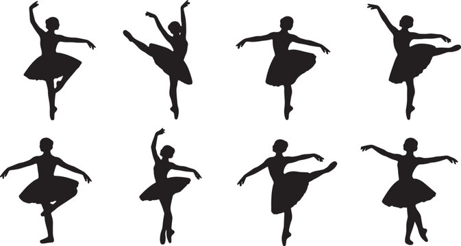 Black Solid Ballet Balance Pas de Basque Silhouettes Set of Six on White Background