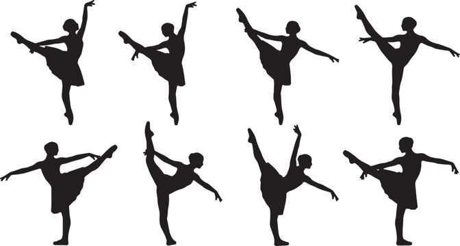 Black Solid Ballet Rond de Jambe Silhouettes Set of Six on White Background