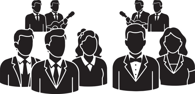 Black Solid Barbershop Quartet Silhouettes Set of Six on White Background