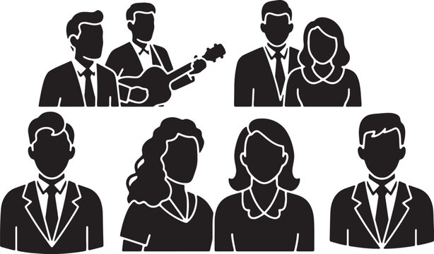 Black Solid Barbershop Quartet Silhouettes Set of Six on White Background