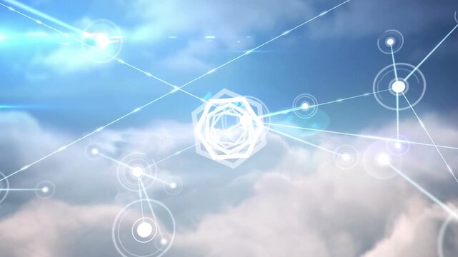 Animation of geometrical shape over network of connections on cloudy background