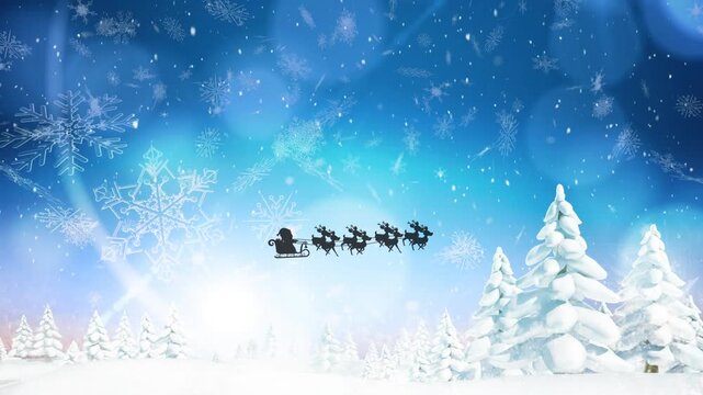 Animation of father christmas in sleigh silhouette flying over snowy winter scenery with snowflakes