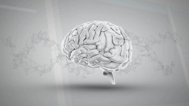 Animation of digital brain and dna strand over white background