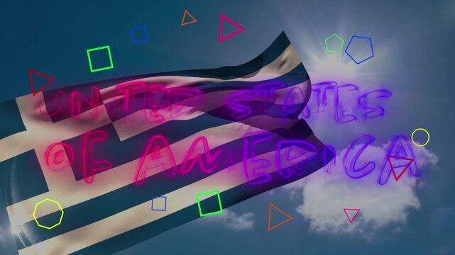 Animation of united stated of america and geometrical shapes over flag of greece and sky