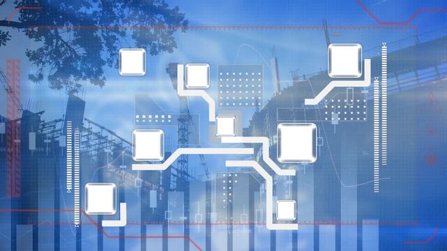 Animation of integrated circuit over financial data and construction site